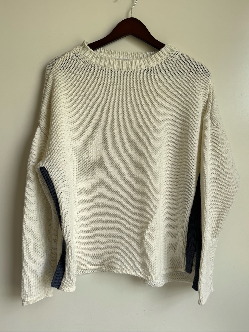HiHo Made in Tortola Cotton Knit Sweater Women Large White Navy coastal CrewNeck